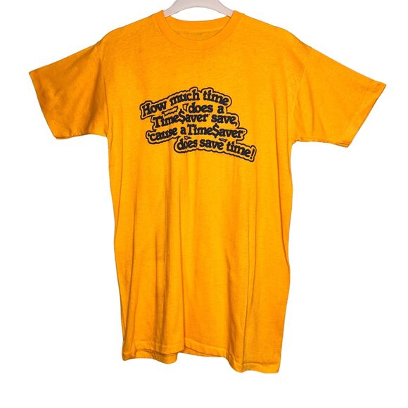 Timesavers Jingle Slogan Mens Medium T Shirt Yellow Vintage 80s Single Stitch - Picture 1 of 6